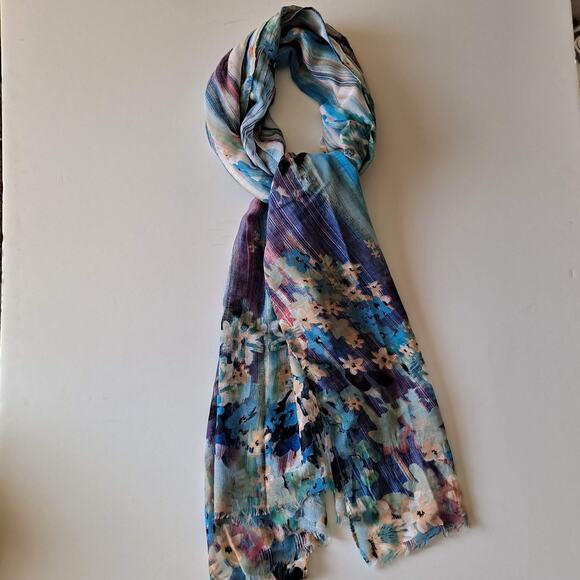 Blue Pink Cream Floral Print Rectangular Scarf w Raw Frayed Ends Size 27 X 72 - Picture 3 of 4
